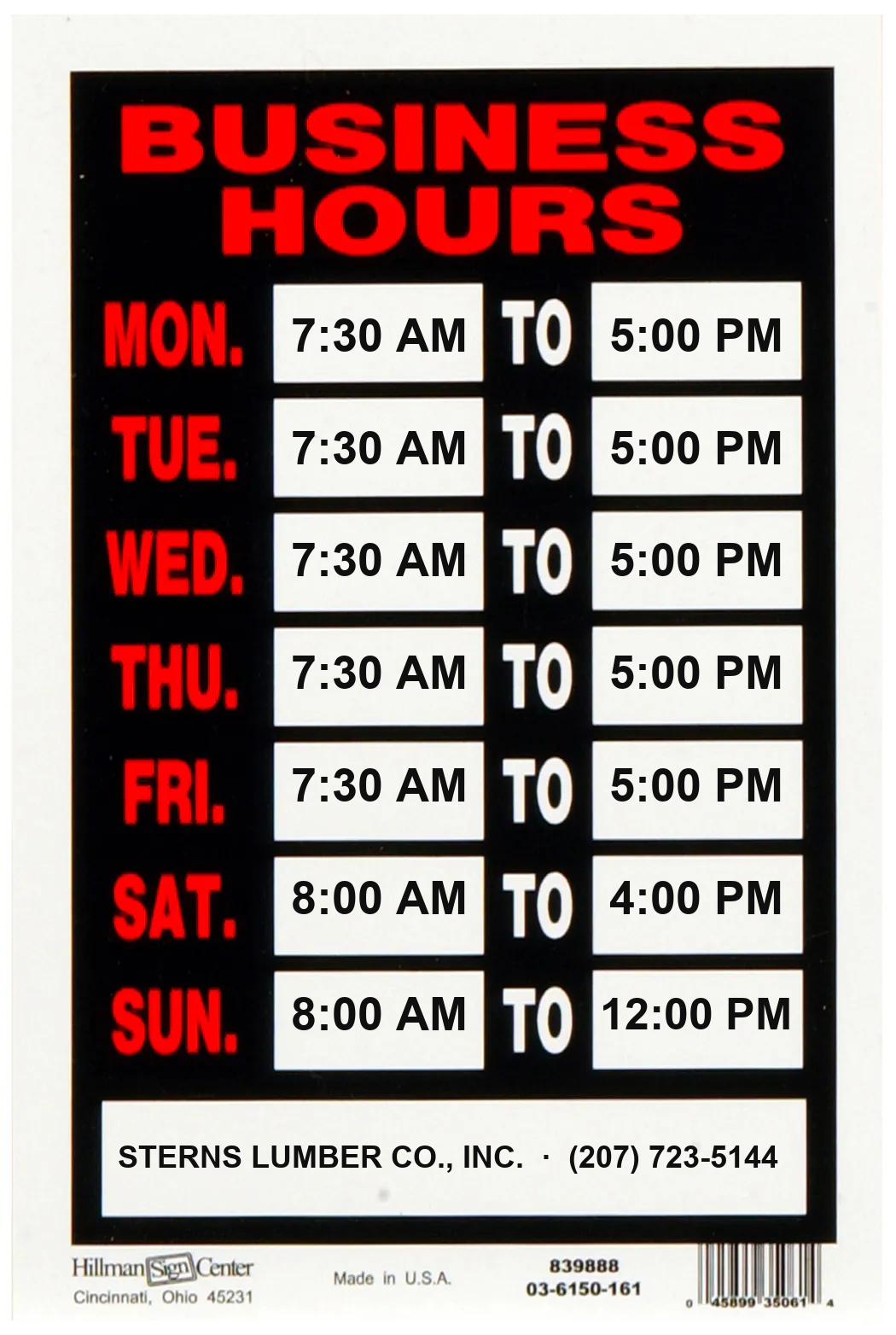 Business hours: Monday through Friday 7:30 AM to 5:00 PM, Saturday 8:00 AM to 4:00 PM, Sunday 8:00 AM to 12:00 PM