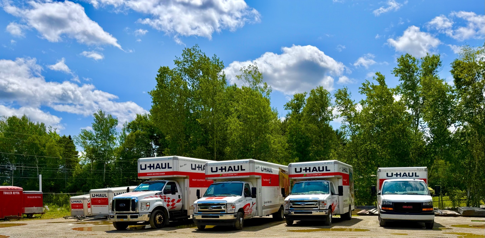 U-Haul truck fleet lined up at Sterns Lumber